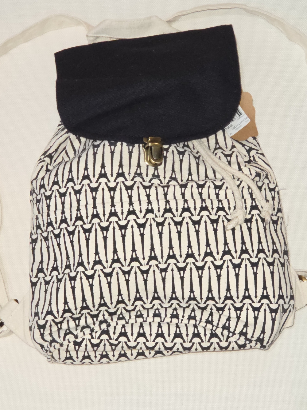 Canvas Drawstring Backpack with Black Flap - Eiffel Pattern
